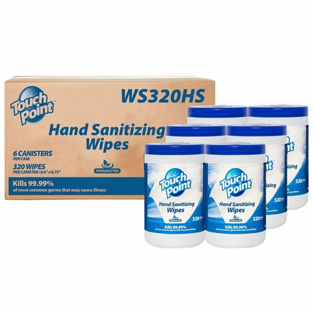 TOUCH POINT WIPES TP Hand Sanitizing Wipes - 6 Canisters x 320 Wipes, 6.7 in. x 6.75 in., FDA Registered, 6PK WS320HS